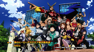Anime characters group photo building 4 - a picture together in front free wallpaper