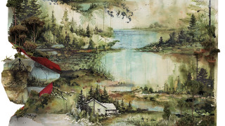 Landscape house lake red ribbon - watercolor free wallpaper