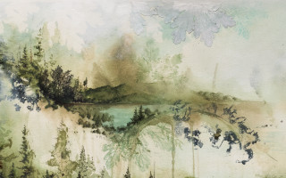 Forest bridge river trees sky - watercolor free wallpaper