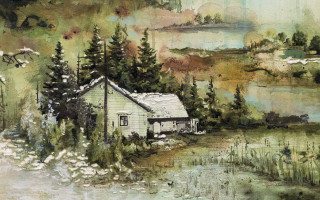 House woods lake bird flying - watercolor free wallpaper
