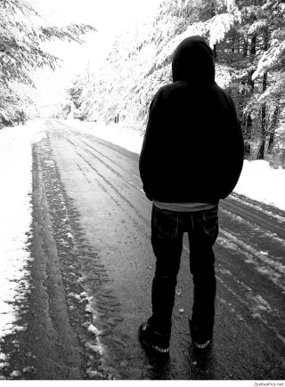 Person snowy road woods hoodie - winter free wallpaper for mobile