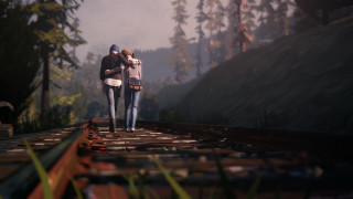 Couple people train track forest - symbolism free wallpaper