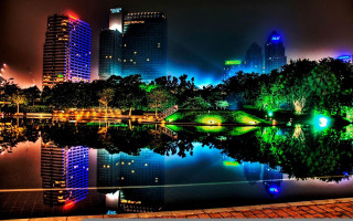 City skyline lake trees nighttime 2 - free neon wallpaper for desktop