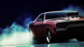 Red car foggy street night - the hood and hood free wallpaper