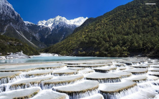 Mountain range waterfall river snow - cui bai free wallpaper