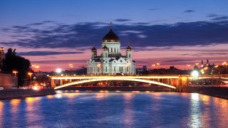 Bridge river church night lights - fedot sychkov free wallpaper