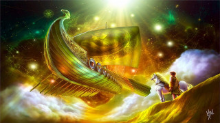 Ship floating sky man horse - a painting of a ship free wallpaper