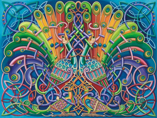 Peacock celtic design blue background - in gouache free wallpaper