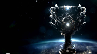 Futuristic robot glowing light space - a planet in the background free wallpaper