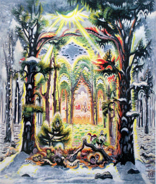 Forest sunlight person distance painting - a sun free wallpaper for mobile