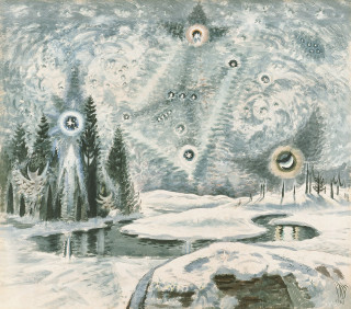 Snowy landscape trees pond bubbles - free winter wallpaper for tablet