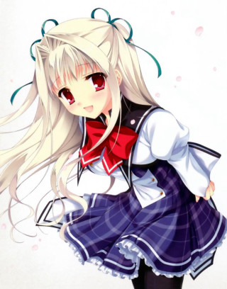 Girl whitehair redbowtie blue dress - red shoe free wallpaper