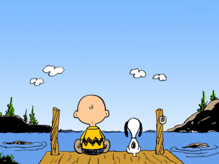Cartoon man dock dog water 4 - the water and a bird free wallpaper