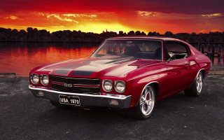 Red car water sunset red - photoreal free wallpaper