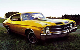 Yellow car grassy field road - 1 9 7 0 s free wallpaper