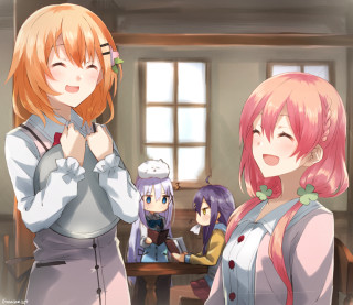 Girls standing room windows table - a cup free wallpaper