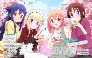 Girls sitting tree pink flowers - a detailed drawing free wallpaper