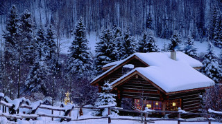 Cabin woods snow lights fence - a cabin free wallpaper