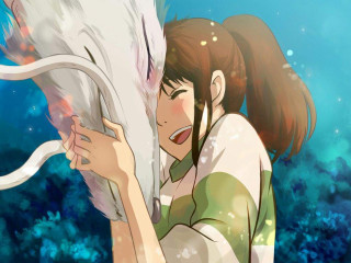 Woman hugging white wolf ocean - ghibli free wallpaper