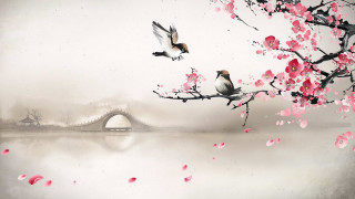 Birds branch pink flowers bridge - arthur pan free wallpaper for desktop