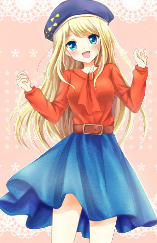 Blonde girl blue skirt red - fullbody free wallpaper