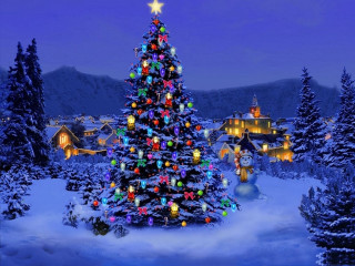 Christmas tree snow village night - a star free wallpaper