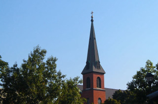 Church steeple cross trees blue - tree below free wallpaper