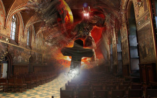 Man church demon figure middle - concept design art free wallpaper