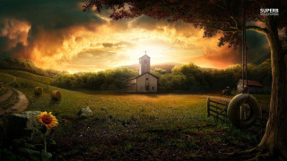 Church field sunflower tree painting - matte painting free wallpaper for desktop
