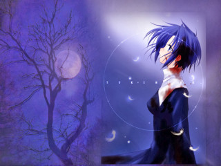 Anime blue hair tree full - a full moon in the sky above free wallpaper