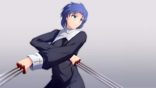 Blue hair swords white shirt - heroic pose free wallpaper