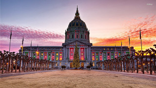 Large building christmas tree sunset 2 - a pink sky in the background free wallpaper