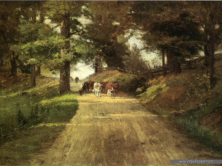 Dirt road cows man horse - carriage free wallpaper