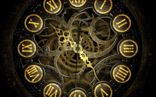 Gold gears clock black background - biomechanical free wallpaper