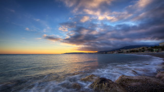Beach water sunset clouds building - hdr free wallpaper