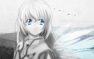 Angelic girl blueeyes whitedress mountain - overhead free wallpaper