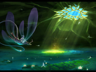 Dragon flying over water sun - a green plant free wallpaper