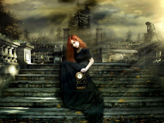 Woman stairs clock creepy background - somber free wallpaper
