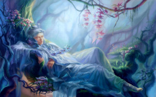 Woman bench forest flowers head - dreamlike free wallpaper