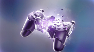 Purple video game controller flying - autodestructive art free wallpaper