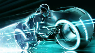 Futuristic man motorcycle blue green - a neon light free wallpaper