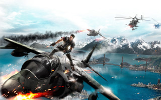 Man flying over plane helicopter - key art free wallpaper