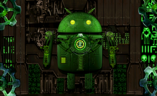 Green robot glowing eyes background - robot free wallpaper for desktop