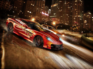 Red sports car city street 3 - city background free wallpaper
