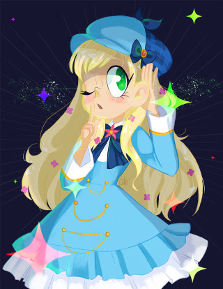 Cartoon girl blue dress holding - her hand and a hat free wallpaper for mobile