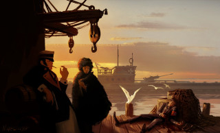 Man woman dock boat seagulls - darek zabrocki free wallpaper for desktop