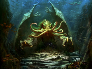 Octopus swimming gigantic fish cave - lovecraftian free wallpaper