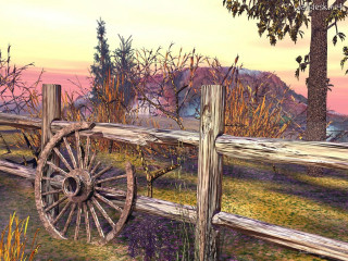 Wooden fence wheel tree sunset - a tree in the background free wallpaper