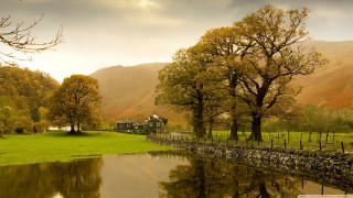 House pond reflection mountains fence - in the foreground free wallpaper