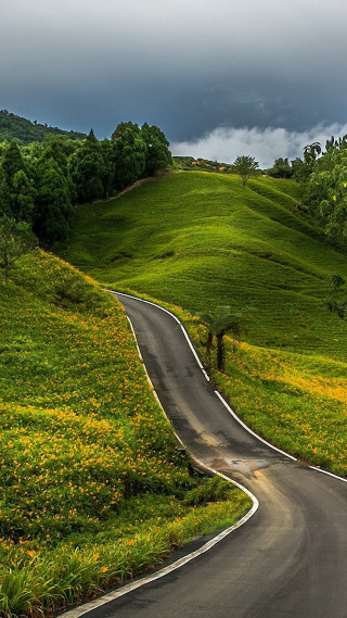 Winding road green hillside cloudy - free landscape wallpaper for mobile